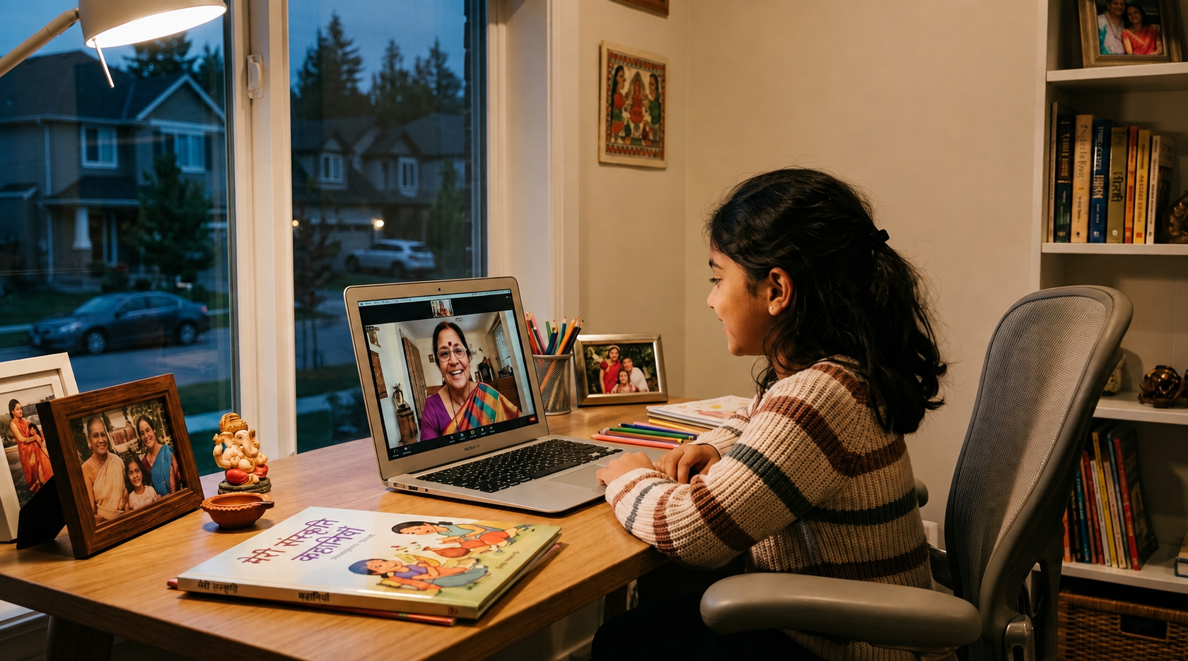 Indian-origin child living abroad video calling an Indian grandmother while learning about Indian language and culture at home.