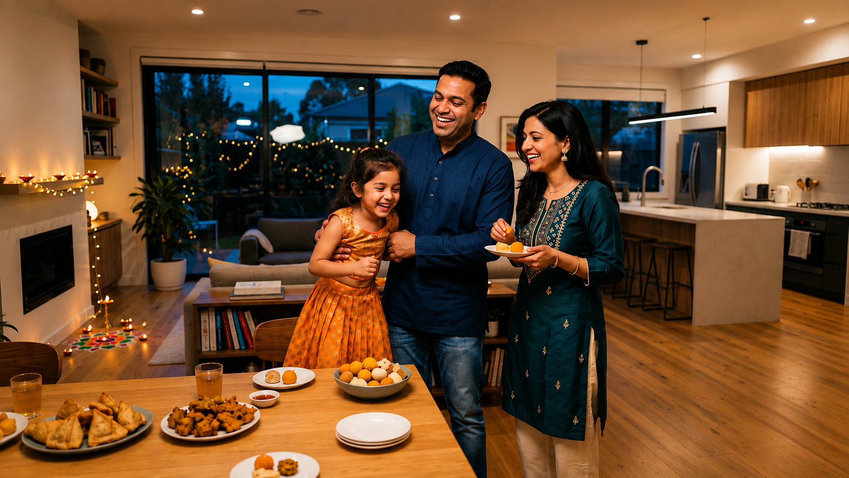 Indian-origin parents and their child enjoying a casual Diwali party in their modern home abroad, with subtle Indian decorations and sweets.