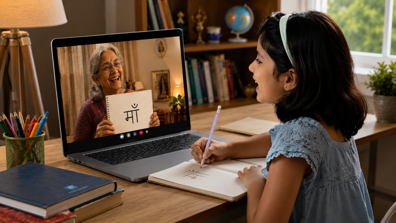 Indian grandmother teaching her overseas grandchild Hindi during a video call. 