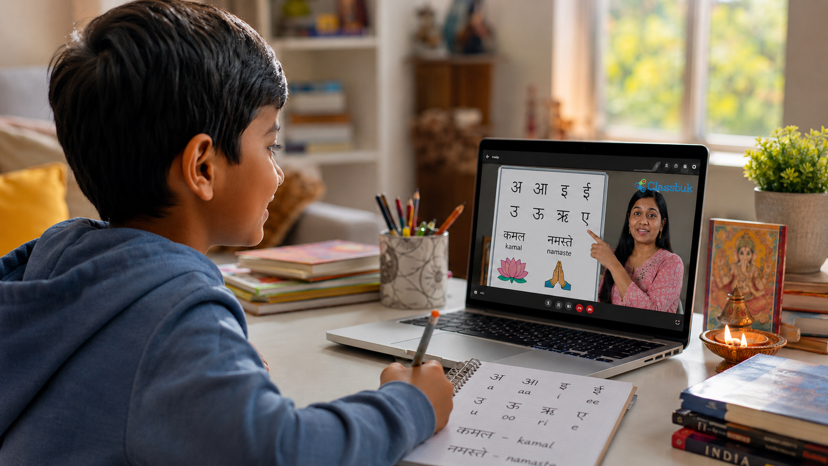 Indian-origin child living abroad learning Hindi through an online language class. 