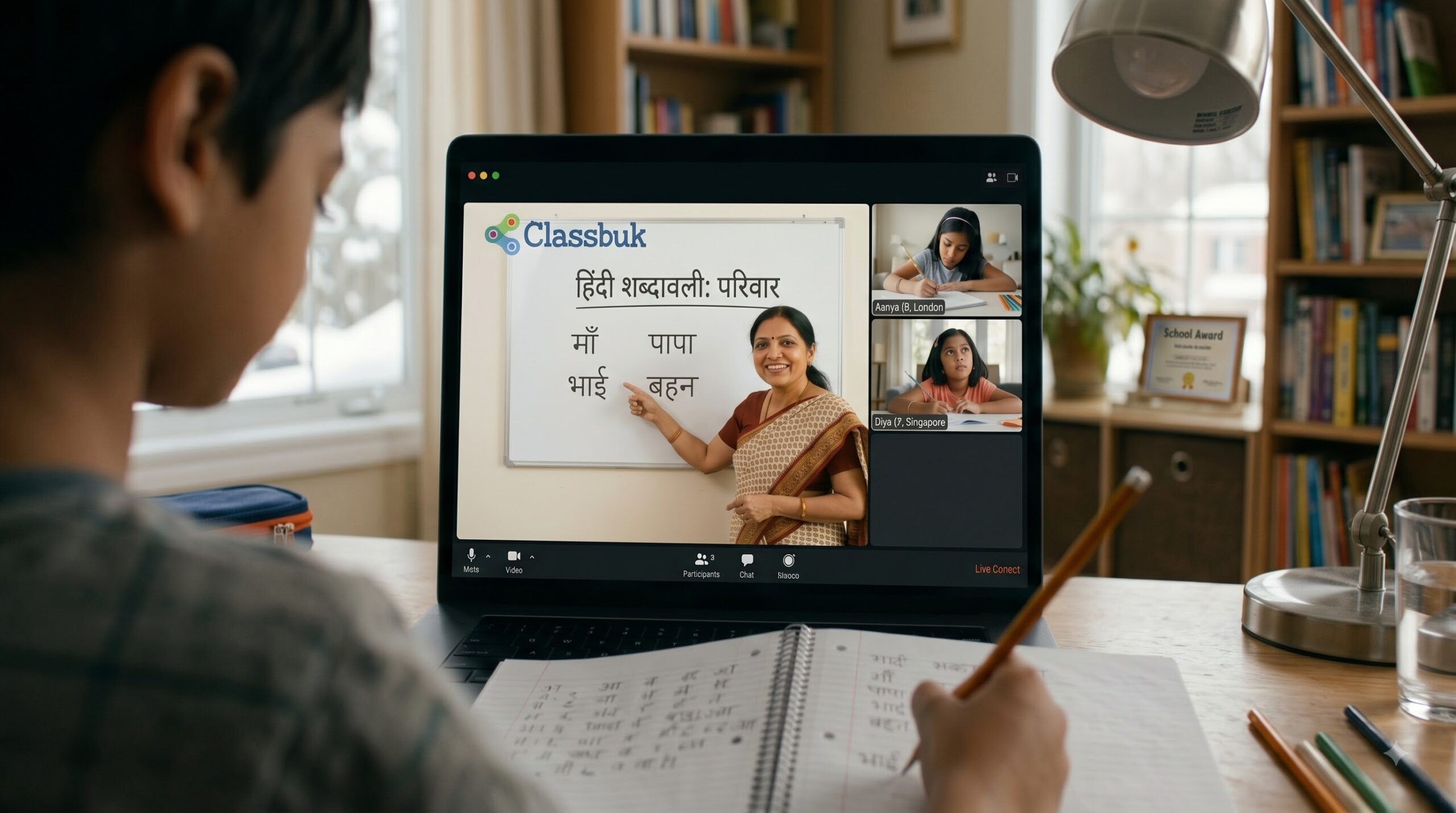 Indian-origin children from different countries learning an Indian language in an online class. 