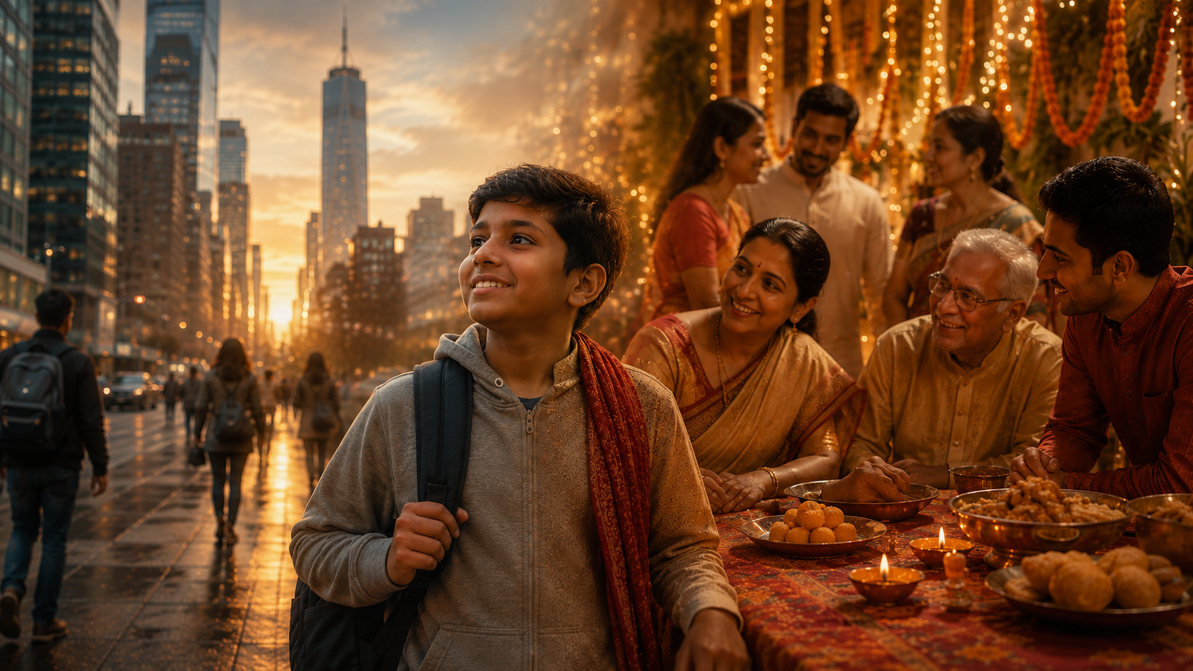 Indian-origin child balancing life abroad with Indian family, traditions and culture. 