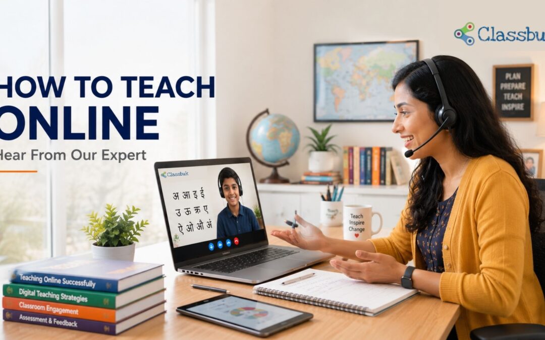 Online teacher wearing headphones and teaching a student through a laptop during a live online class.